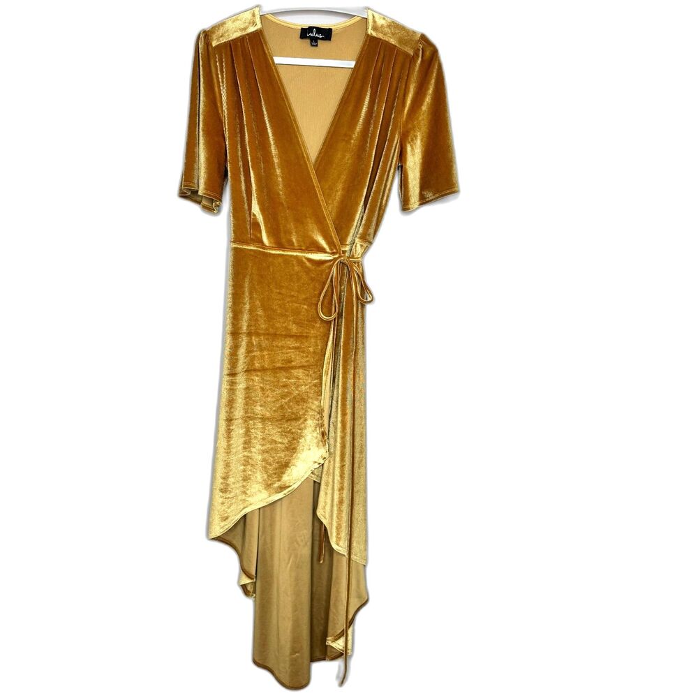 Lulus Gold Velvet Wrap Dress Large Boho Glam Asymmetrical Midi - Picture 2 of 6